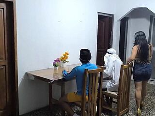 A Latino and his Arab friend are on a business visit to Colombia! The extravagant Latino fucks the waitress who serves them.