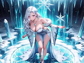 Elegant Blonde Ice Mage Performs Enchanting Castings in Pristine Crystal Hall, Projecting Chill Ease with
