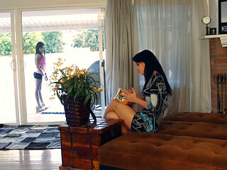 Fireside Ass Licking - Two Black-haired Girlfriends Finger and Trib on the Brown Sofa