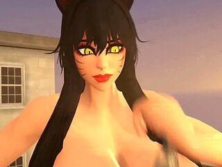 Voluptuous giantess Ahri indulges in her giant fantasies with tiny men