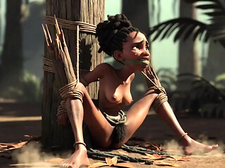 African girl bound in ropes, her hairy wet pussy craving for cock.