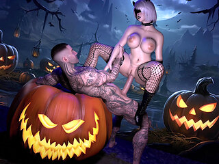 On Halloween, Asian 2b Fucks in the Cemetery with a White Guy in Tattoos