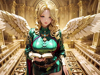Blonde Angel Queen! Sacred Kneeling in a Grand Cathedral, the Green Robe Barely Hiding Her Soft Curves