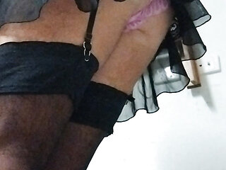 CD teases with lingerie and stockings