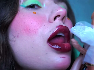 Giantess Halloween Kiss &amp_ Blowjob Tiny Ken in White Skirt