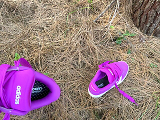 Fucking and cumming outdoors in the park with the wife's new pink Adidas sneaker. First cumshot on him