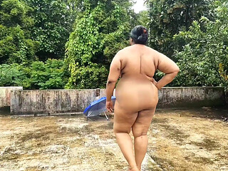 Big boobs and ass exposed on a rainy day in public, Beautiful chubby girls getting naked in rain outdoor.