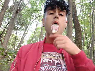 Playing with Cruisers Used Condom in Mouth and Eating His Cum After Cruising