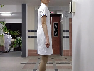 Wearing singhealth nurse dress, nurse pantyhose and nurse shoes.