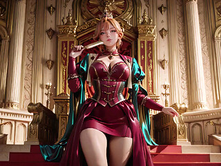 Red Queen on the Golden Throne! Deep velvet gown, lazy chin rest, and a gaze that locks onto you.