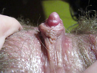 Dripping wet hairy big clit jerking and rubbing orgasm