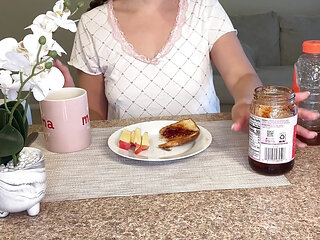 Amateur MILF Breakfast Roleplay Flashing and Rubbing Honey All Over Sticky Tits and Hairy Pussy