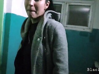 Brunette Wife Blows Neighbor in Stairwell