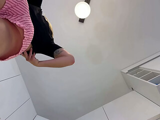 Sexy hot blonde girl in pajama shorts in the kitchen wants to flash her pussy no panties under her pyjama
