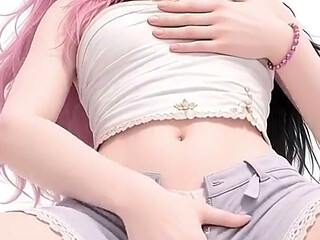 3D Anime Pink and Dark Haired Elf Girl, Masturbating in White Room