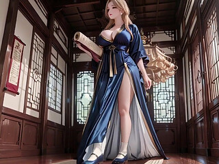 Blonde Goddess in Silk! Lazy Strolls, Kneeling Glances, and Fingertips Grazing Her Chest in a Sun-drenched Japanese Corridor