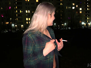 Smoking Blonde with Naked Tits Smokes!