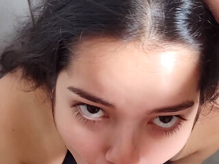Facial Cum in POV - The young brunette knelt and had to suck until she got all messy