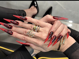Red Color Long Nails, Sharp Stilettos, Palms, Long Fingers and Hands Worship