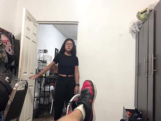 Cute Latina with glasses fucked hard in the dorm and gets cum on her face