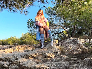 Naked Outdoor Walk with Coat in Mountains!