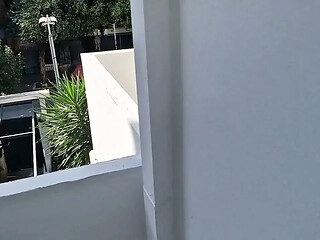 Stepfather catches his naked stepdaughter on the balcony and flashes his cock at her.