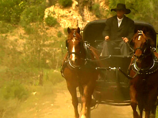 Carriage Sex in the Wild West - Curly Brunette in a Corset Rides Cock