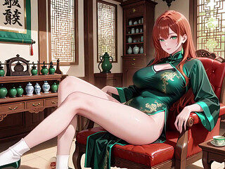 Red Hair & Emerald Qipao! Lazy Seduction in the Eastern Courtyard