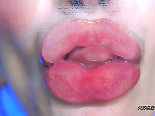 Intimate Close-Up Clear Lipgloss Spitting Kiss