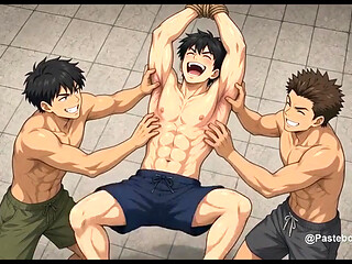 Strung Up By The Wrists II - Bare Hands On A Bound Muscle Jock's Armpits And Ribs (2D Anime Bara)