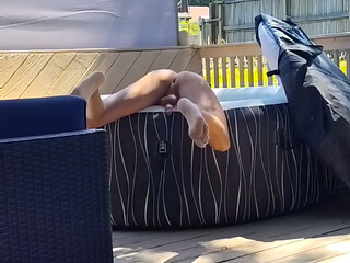 Fell into the hot tub, Asshole exposed and vulnerable