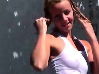 Outdoor anal solo and masturbating blonde