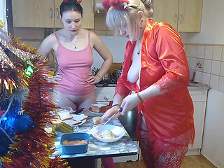 Erotic New Year's Eve cooking in a thong and beautiful lingerie