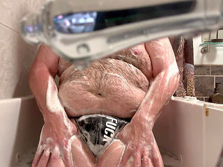Hairy Fat Chub plays in tub wearing Jockstrap