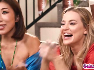 Steamy foursome with sexy ladies Nicole Doshi Hailey Rose and Ameena Green and Blake Blossom while watching a football game