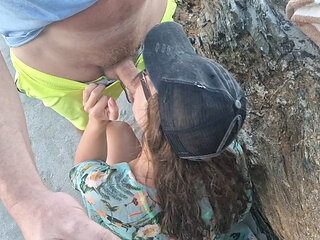 blowjob on public beach and cumshot on tits