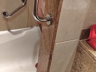 Watch for My Teen Stepsister at the Hotel Room. They Caught Me and Give Me a Handjob in the Shower