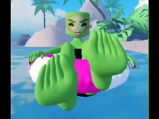 hot dti green girl rubbing feet on the camera