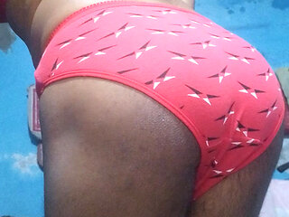 Indian Femboy Crossdresser Wearing His Step Sister's Red Bra and Panties