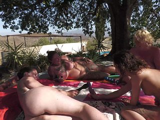 Ot Lesbian Action with Four MILFs Naked in the Shade