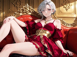 Thighs Spread Wide in Silk Stockings, Fingertips Teasing Private Parts. Who Can Handle This Royal Contrast?