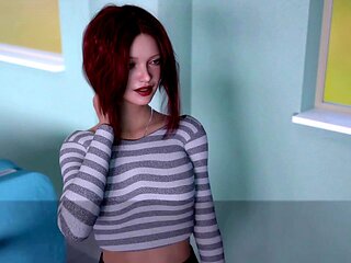 Busty brunette plays a visual novel game on PC