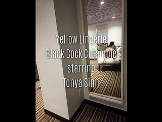 Black cock creampies blonde in yellow lingerie