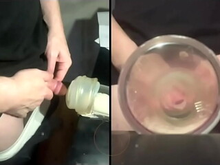 Pissing in a fleshlight helped by a friend POV