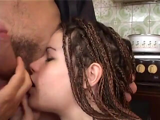 Bi stud gets his butthole fucked by stud while he fucks bitch's pussy in kitchen