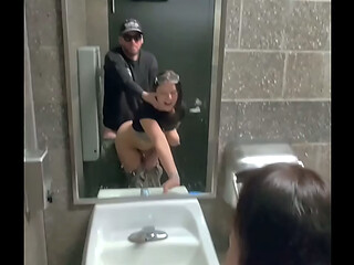 Sneaky Sex in Public Restroom and Blowjob with Door Open
