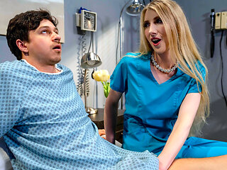 Busty trans nurse Janelle Fennec handles her patients boner