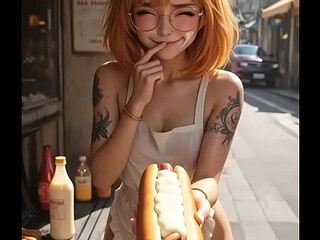 Cute waitress adds sauce to your hot dog