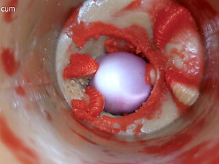 The camera inside the deep pussy toy records a huge ejaculation with a stuck condom 4k