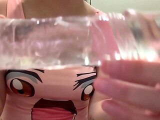 My stepsister puts a cock in her pussy, tests what he ordered to see if it'_s suitable and does JOI on it, then stimulates her pussy with the dildo and it gets her very wet and then she has an orgasm.